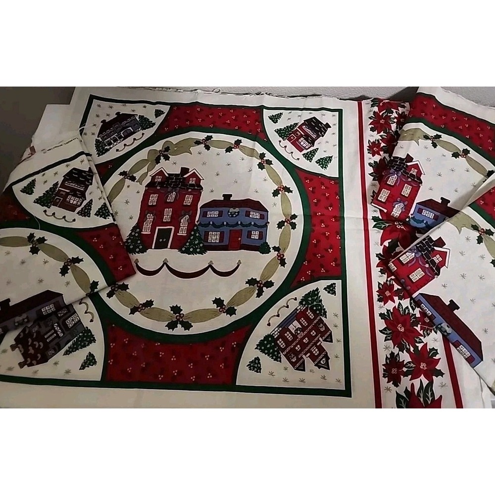 4 Weilwood Christmas Fabric Panel Poinsettias‎ Houses Village Lot Vtg Pillow